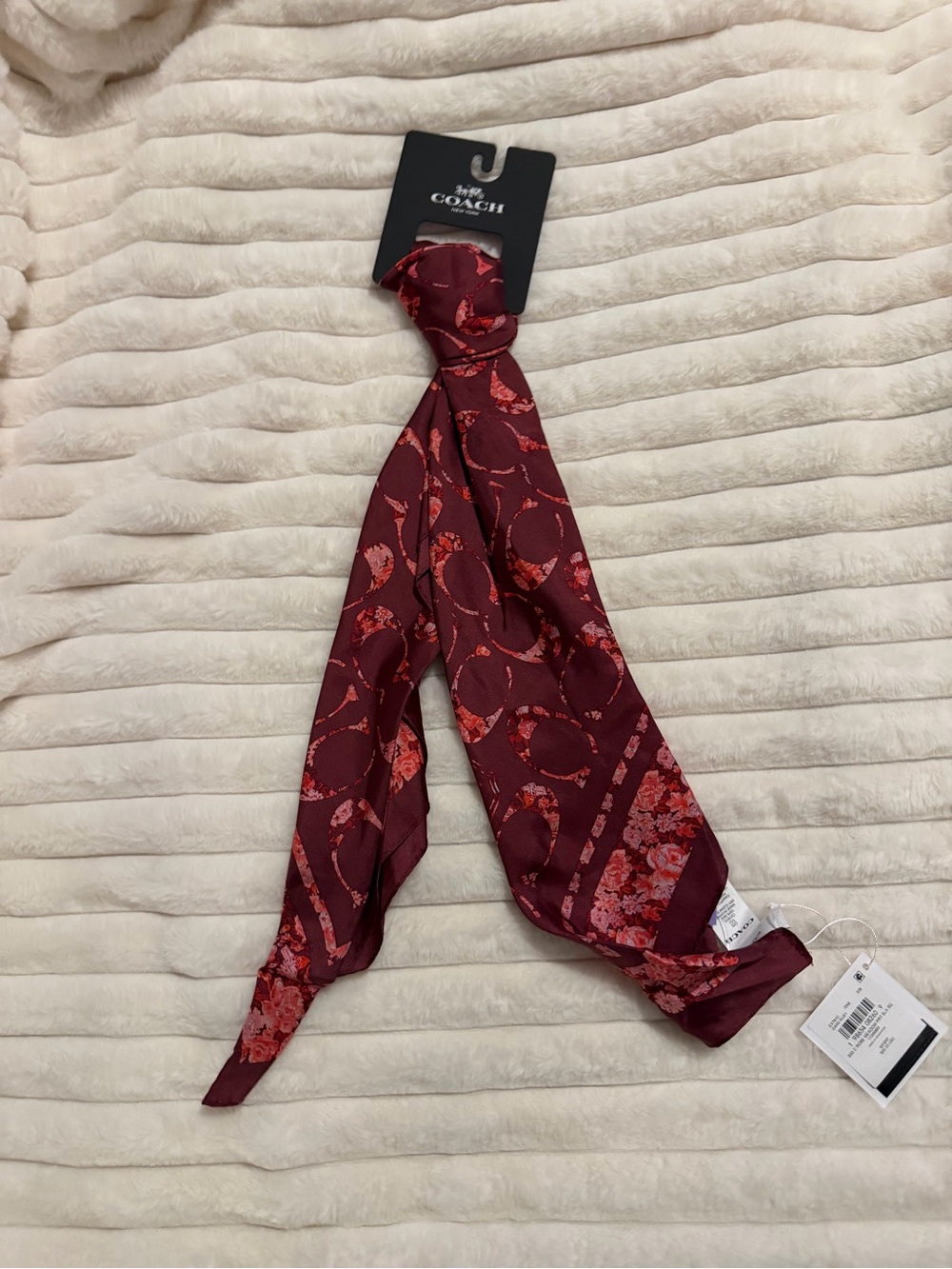 COACH Burgundy Red Floral Silk Twilly Scarf